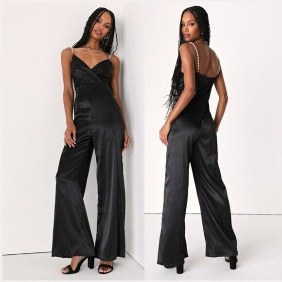 Lulu's Women's Black Satin Pearl‎ Strap Surplice Jumpsuit - Picture 1 of 5